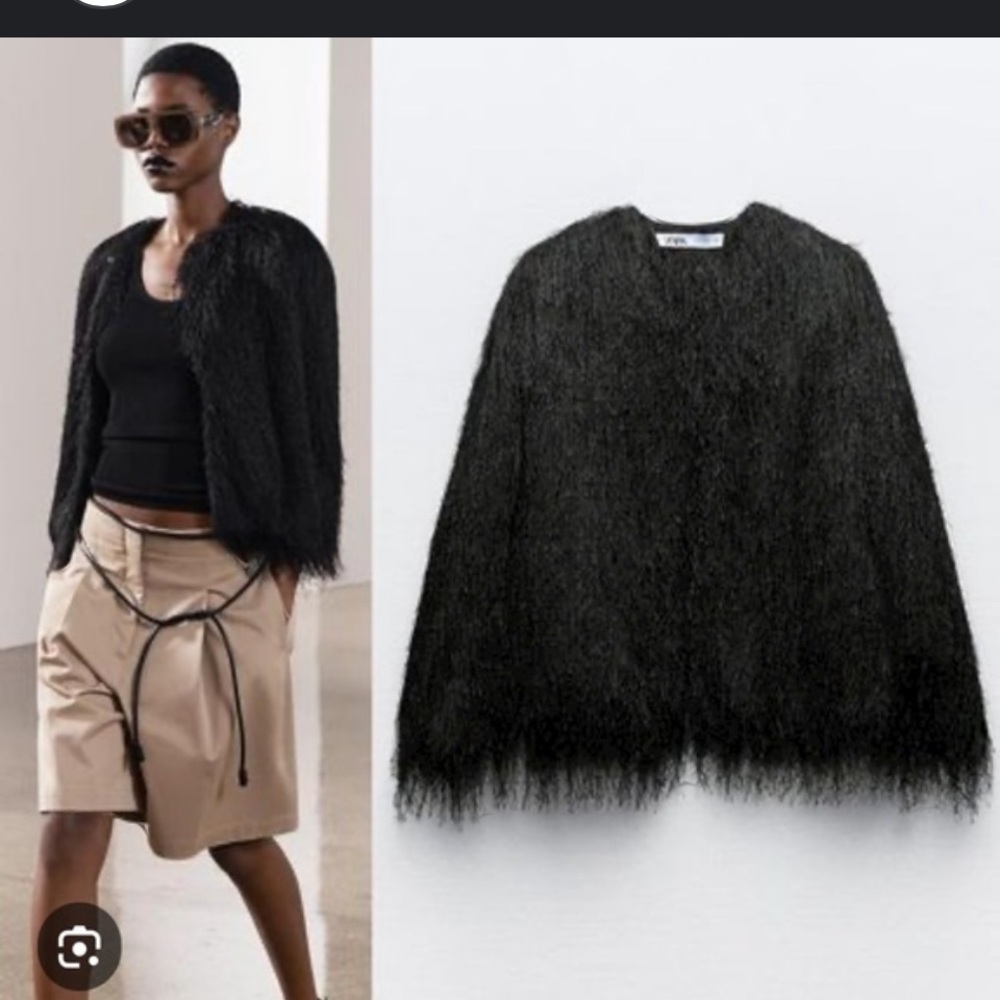 Zara Black Fuzzy Fringe Trim Sweater Jacket